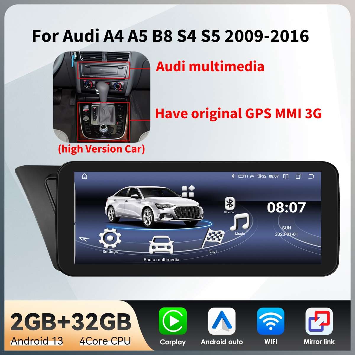 10.25" Screen Android 13 Carplay Car Radio GPS SWC for Audi A4 A5 S4 RS5 2009-16
