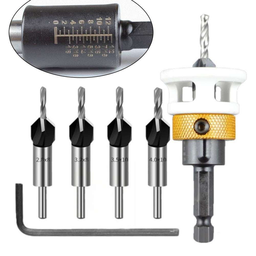 Complete Countersink Bit Set With Interchangeable Sizes And Depth Stop