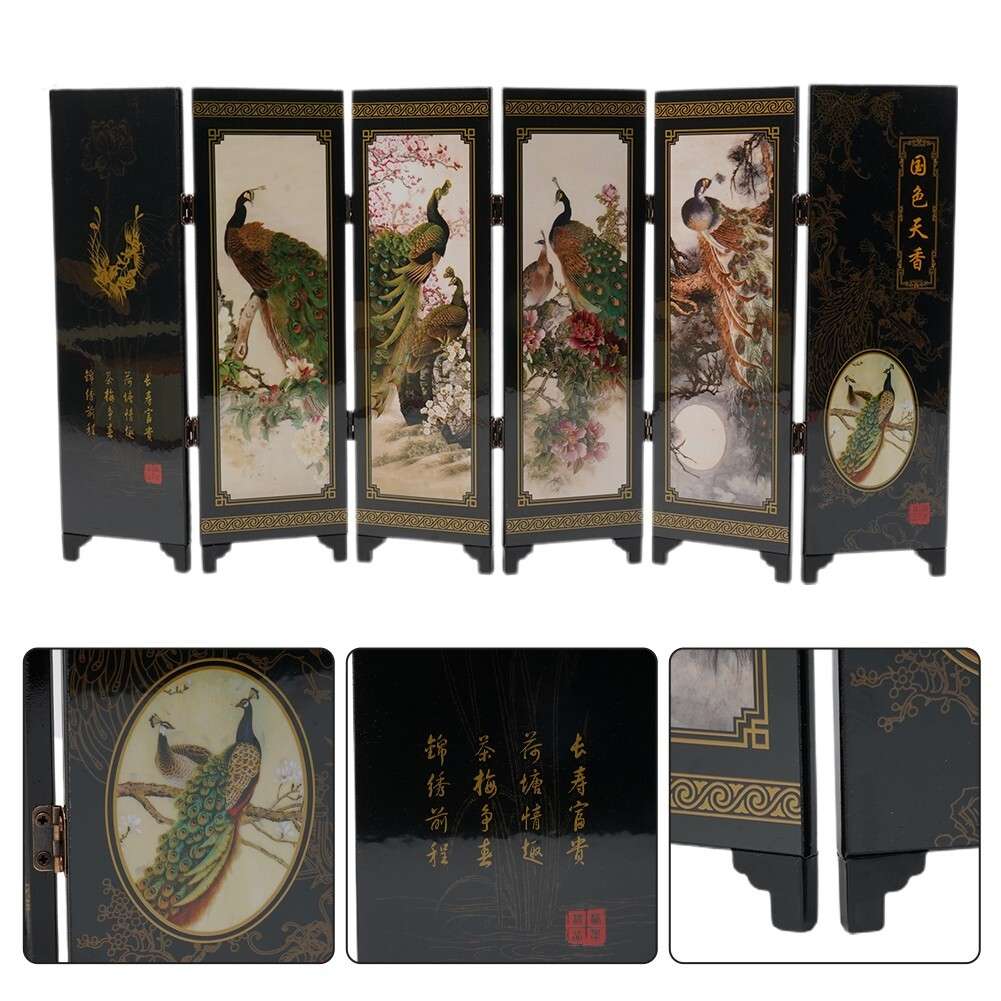 Wooden Foldable Panel Peacock Screen Commemorative Wood Partition Room Divider