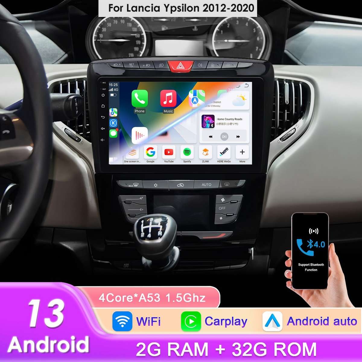 For Lancia Ypsilon 2012-2020 9''Android 13 Carplay GPS Navigation WIFI 2+32GB BT