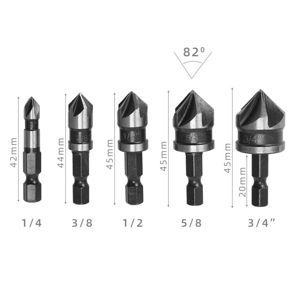 5pcs Hex Shank 5 Flute Metal M35 Cobalt Countersink Drill Bit Set 82 Degree