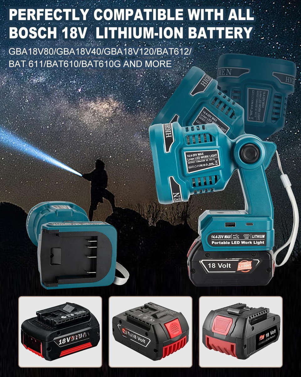 LED Work Light Cordless LED Flashlight for Bosch 18v GBA Battery 22W For Camping