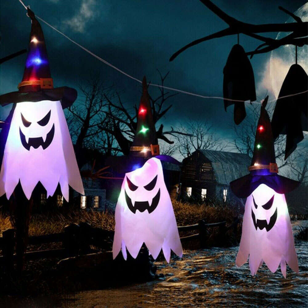 5 Pcs Lighted Hanging Witch Ghost String Hat Decoration Halloween Outdoor Indoor