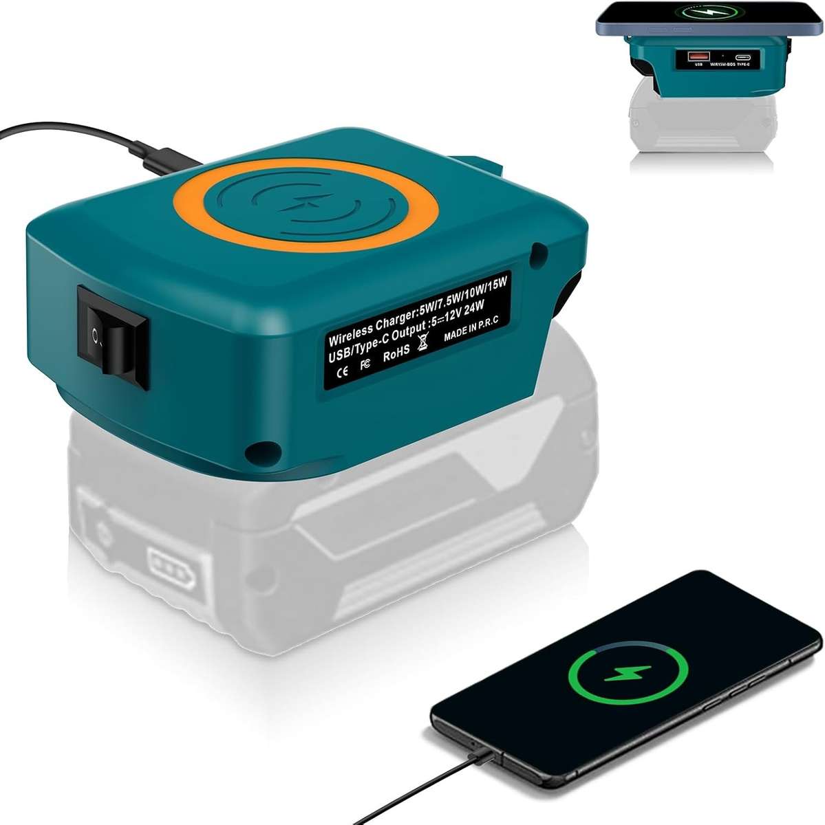 Wireless Charger Adapter for Bosch 18v GBA Battery 15W for Phone with Type C USB