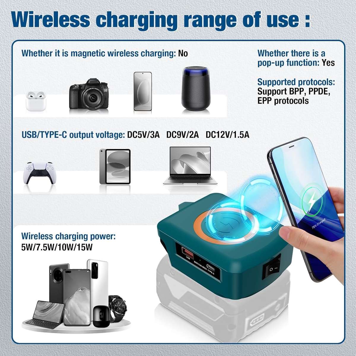 Wireless Charger Adapter for Bosch 18v GBA Battery 15W for Phone with Type C USB