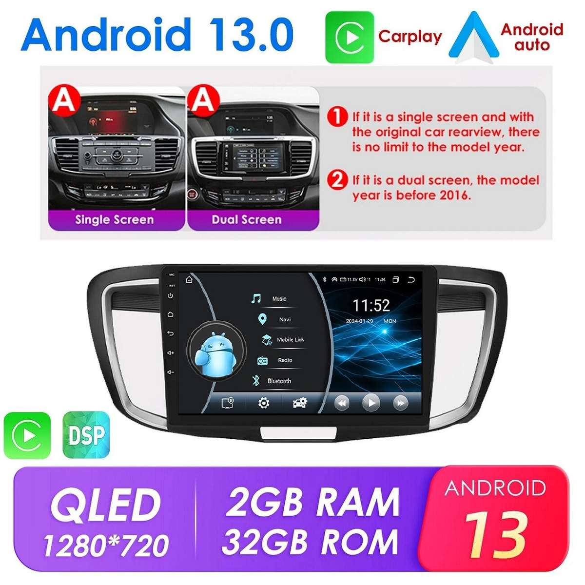 10" Android13 Car Carplay Stereo Radio GPS Player For Honda Accord 9th 2013-2017