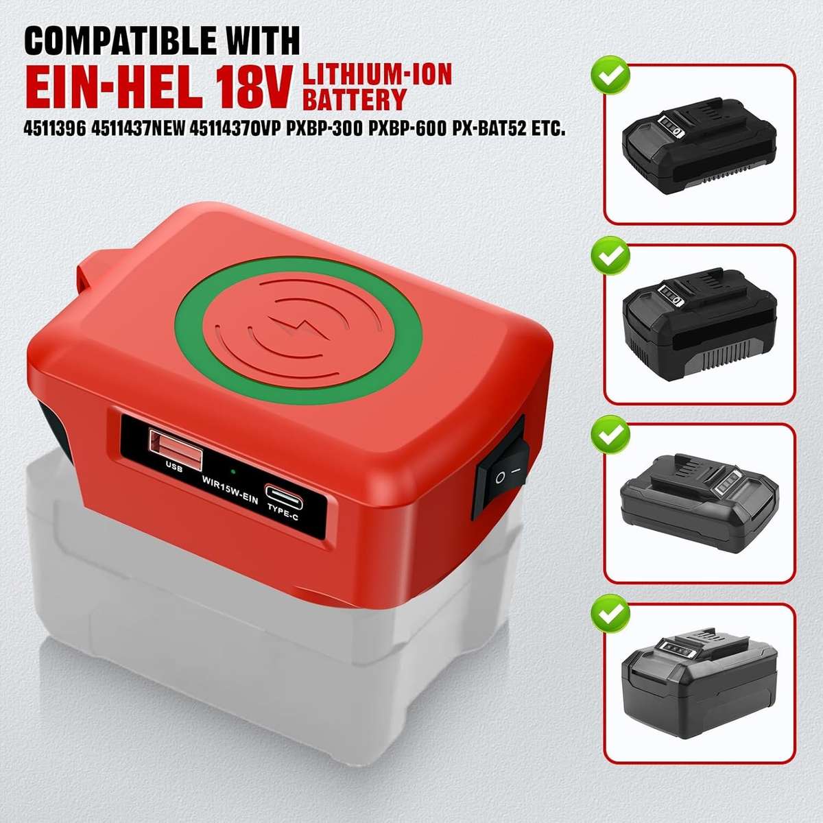 Wireless Charger Adapter for Einhell 18v Battery 15W for Phone with Type C USB