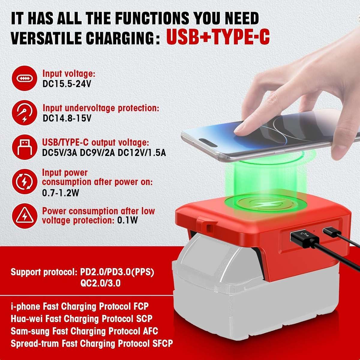 Wireless Charger Adapter for Milwaukee 18V Battery 15W for Phone with Type C USB