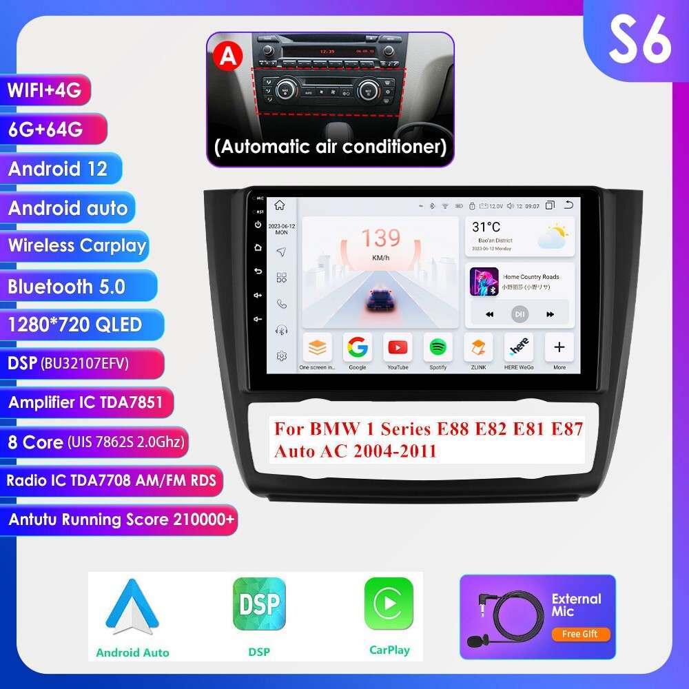 6+64GB FOR BMW 1 SERIES E88 E82 E81 E87 ANDROID 12 CAR RADIO CARPLAY GPS Navi AM