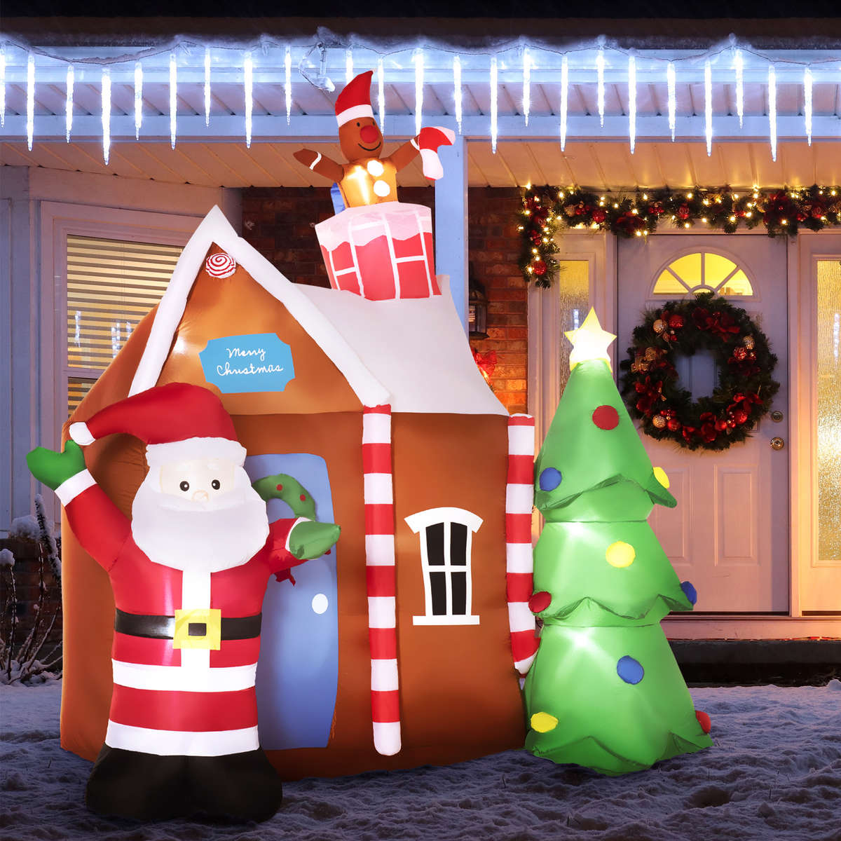 7FT Inflatable Christmas Gingerbread House Santa and Christmas Tree Decoration