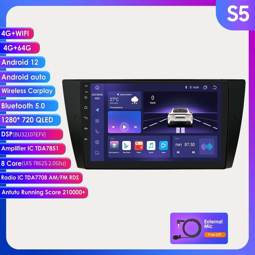 For BMW 3 Series E90 E92 E93 Android12 9"Car GPS Stereo 4+64GB CarPlay Radio DSP