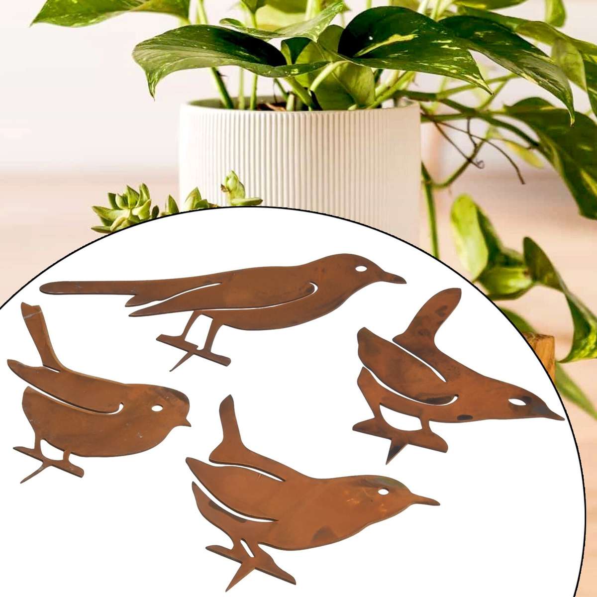 Rusty Metal Birds Stake Silhouettes Set Of 4 Decorative Garden Figures