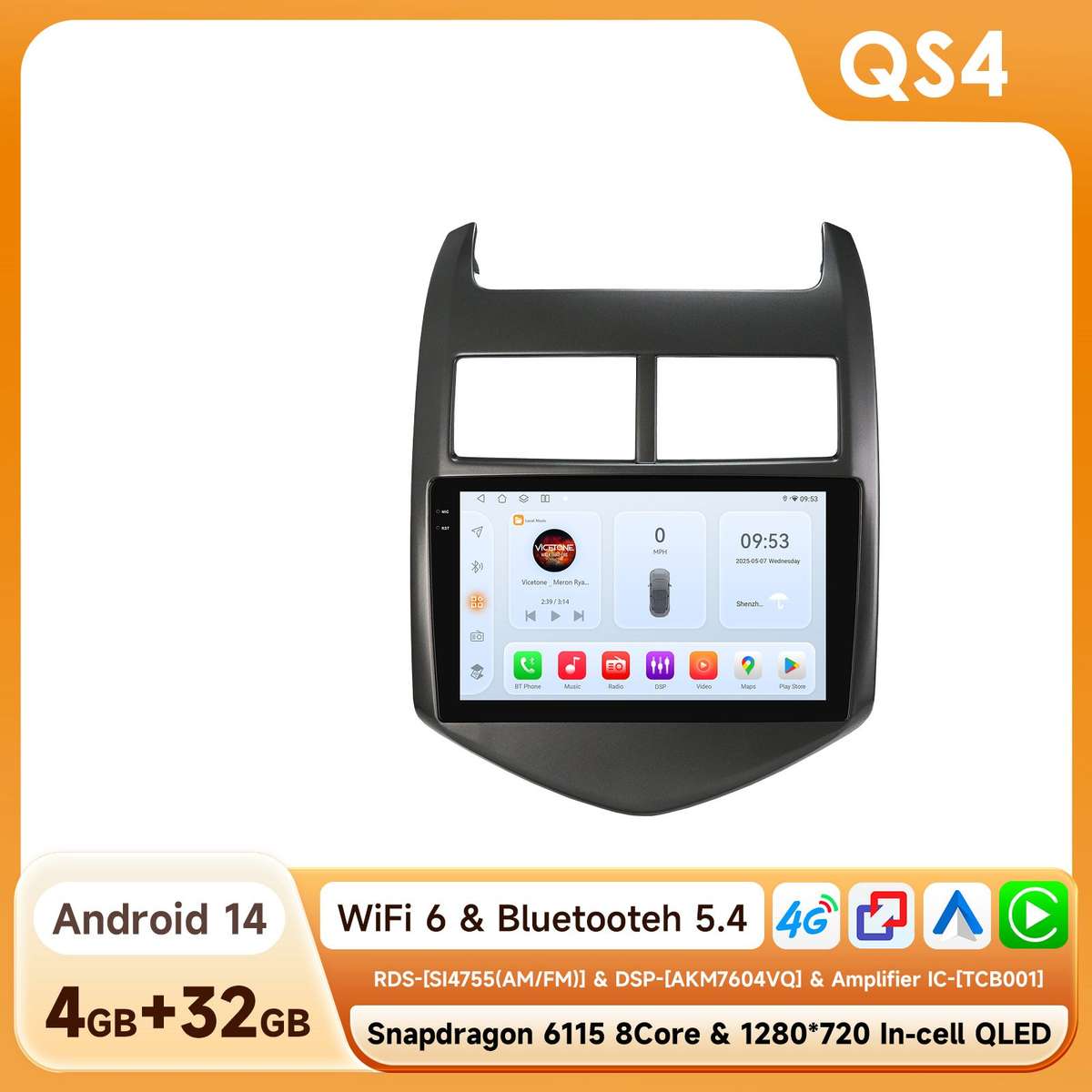 8Core CarPlay For Chevrolet Aveo Sonic 2011-15 Android 14 GPS Radio Stereo 4+32G