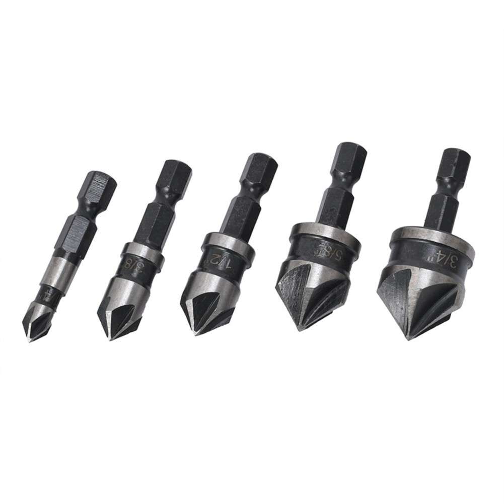 5pcs Hex Shank 5 Flute Metal M35 Cobalt Countersink Drill Bit Set 82 Degree