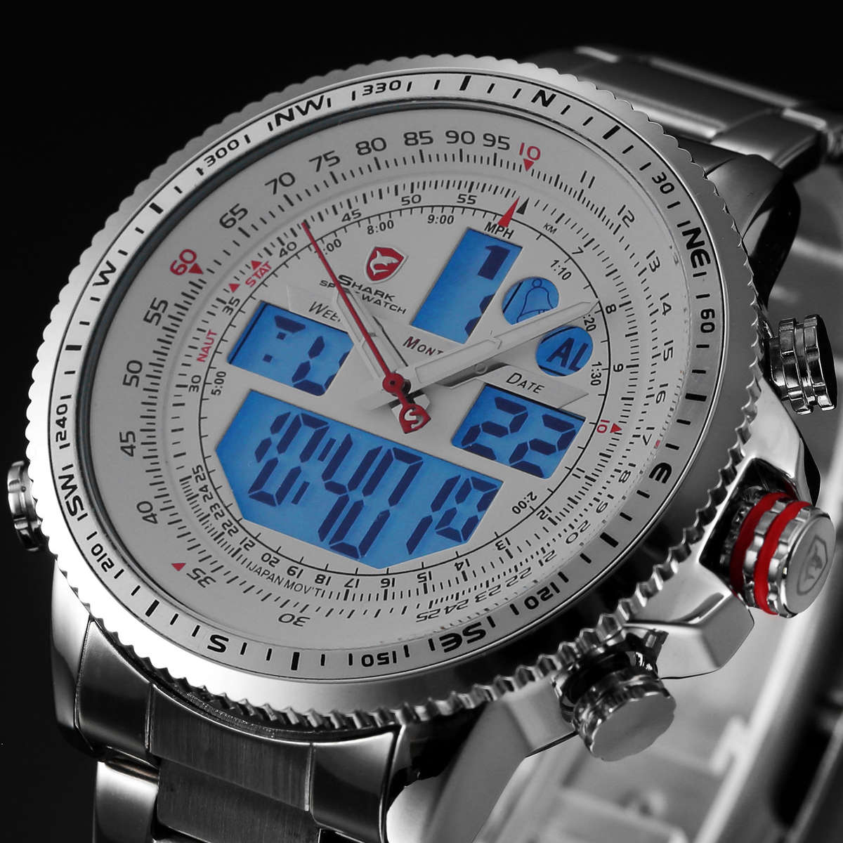 SHARK FLIGHT MASTER DUAL LED ALARM WATCH W/ BOX, PAPERS, LOADED!!