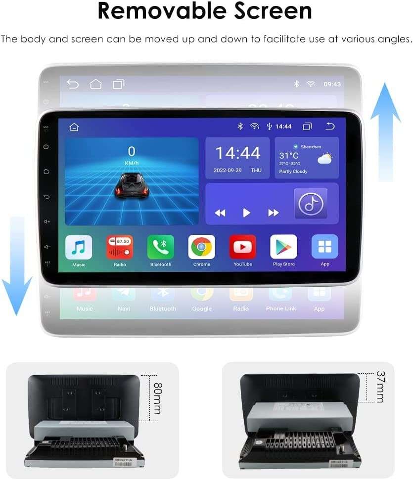 CarPlay Single 1DIN Rotatable 10.1'' Android 12 Car Stereo Radio GPS Wifi 4+32GB