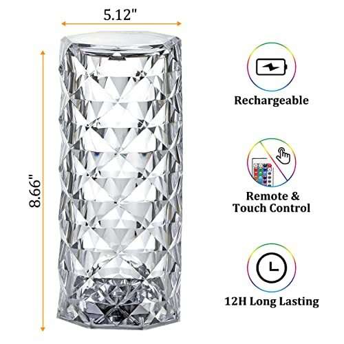 RGB Crystal Table Lamp with Remote16 Colors &4 Modes Rose Diamond Touch Contr...