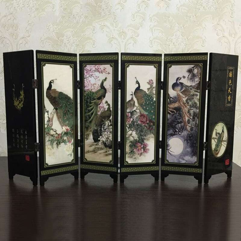 Wooden Foldable Panel Peacock Screen Commemorative Wood Partition Room Divider