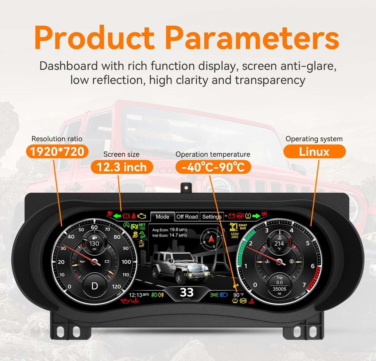 12.3" For Jeep Wrangler 2018-2023 Digital Instrument Cluster Speedometer Board