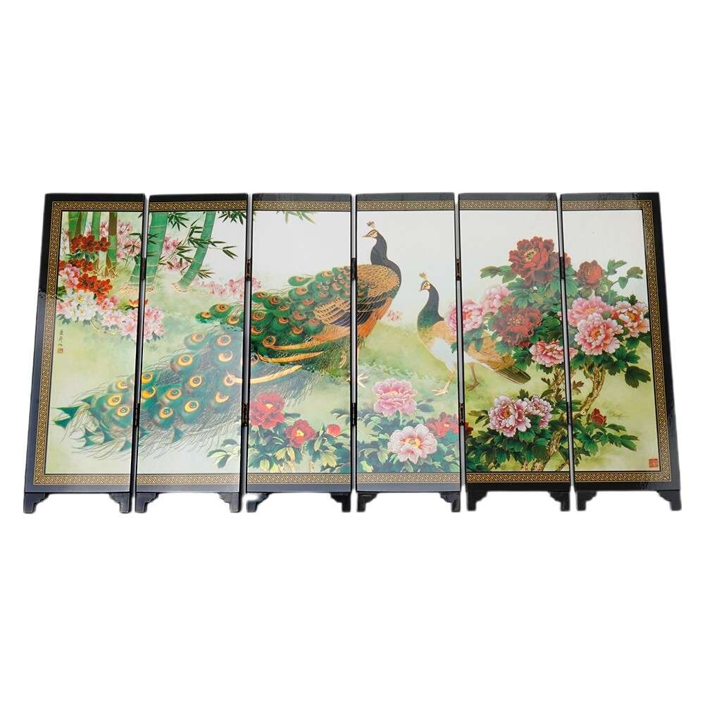 Wooden Foldable Panel Peacock Screen Commemorative Wood Partition Room Divider