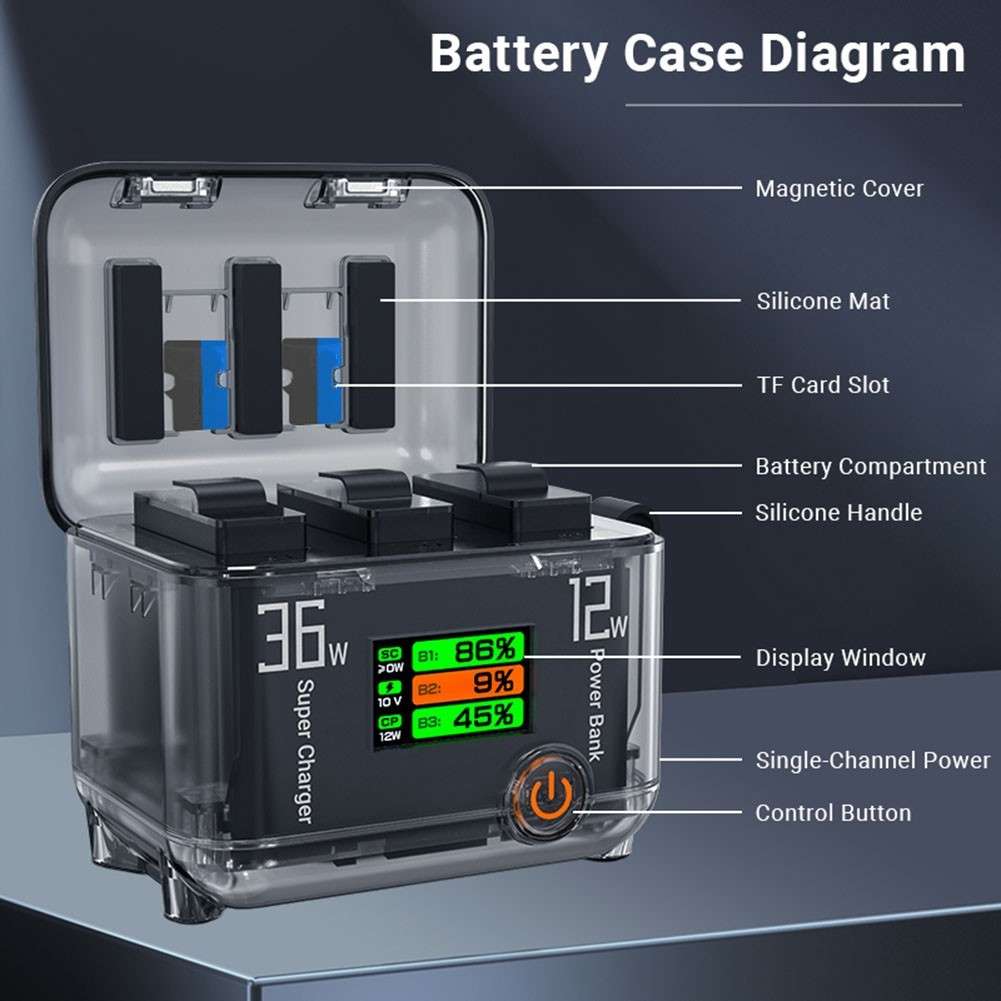 For DJI Action 5Pro Fast Charging Manager Two-Way Charger TFT LCD Color Display