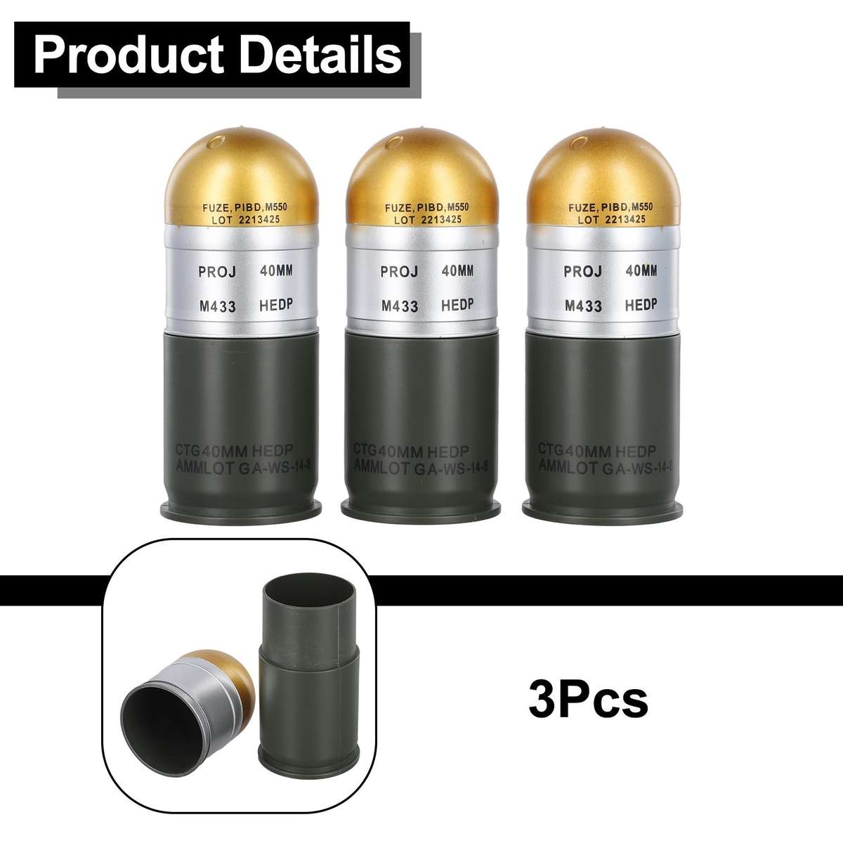 Sturdy And Reliable M433 HEDP 40mm Cartridge Dummy Grenade Model With Storage