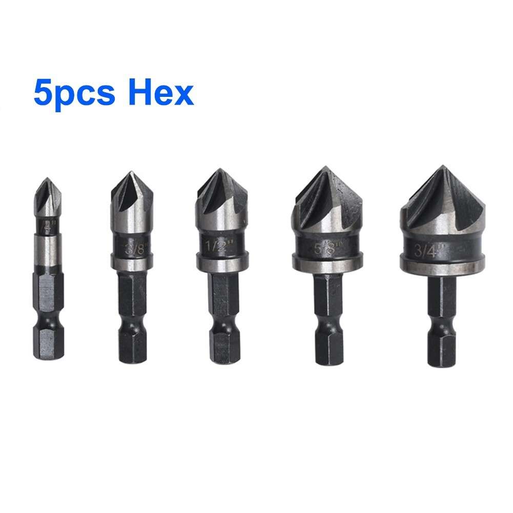 5pcs Hex Shank 5 Flute Metal M35 Cobalt Countersink Drill Bit Set 82 Degree
