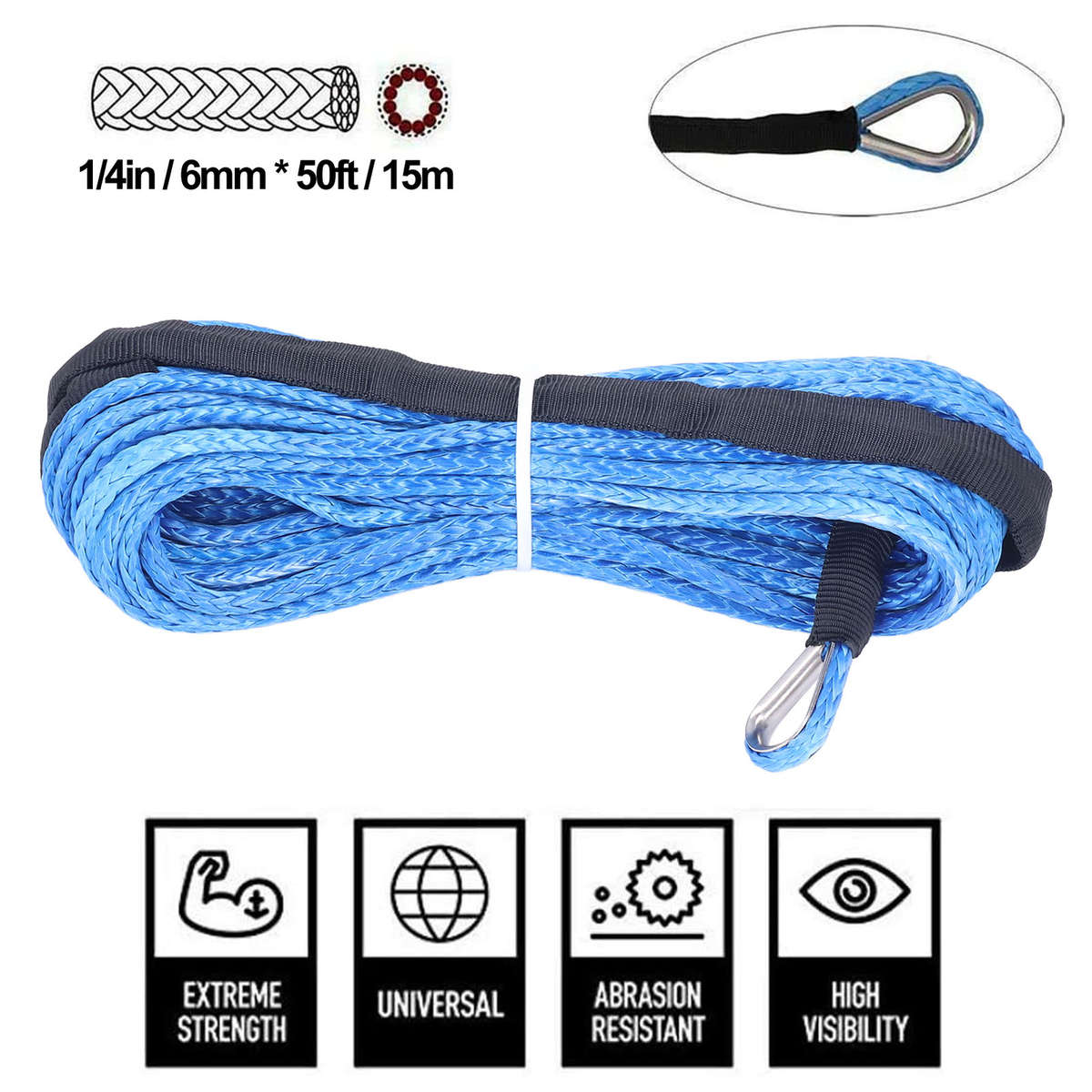 Car Auto Trailer Winch Rope 6mmx15m/ 1/4inx50ft Nylon Blue WearResistant Part