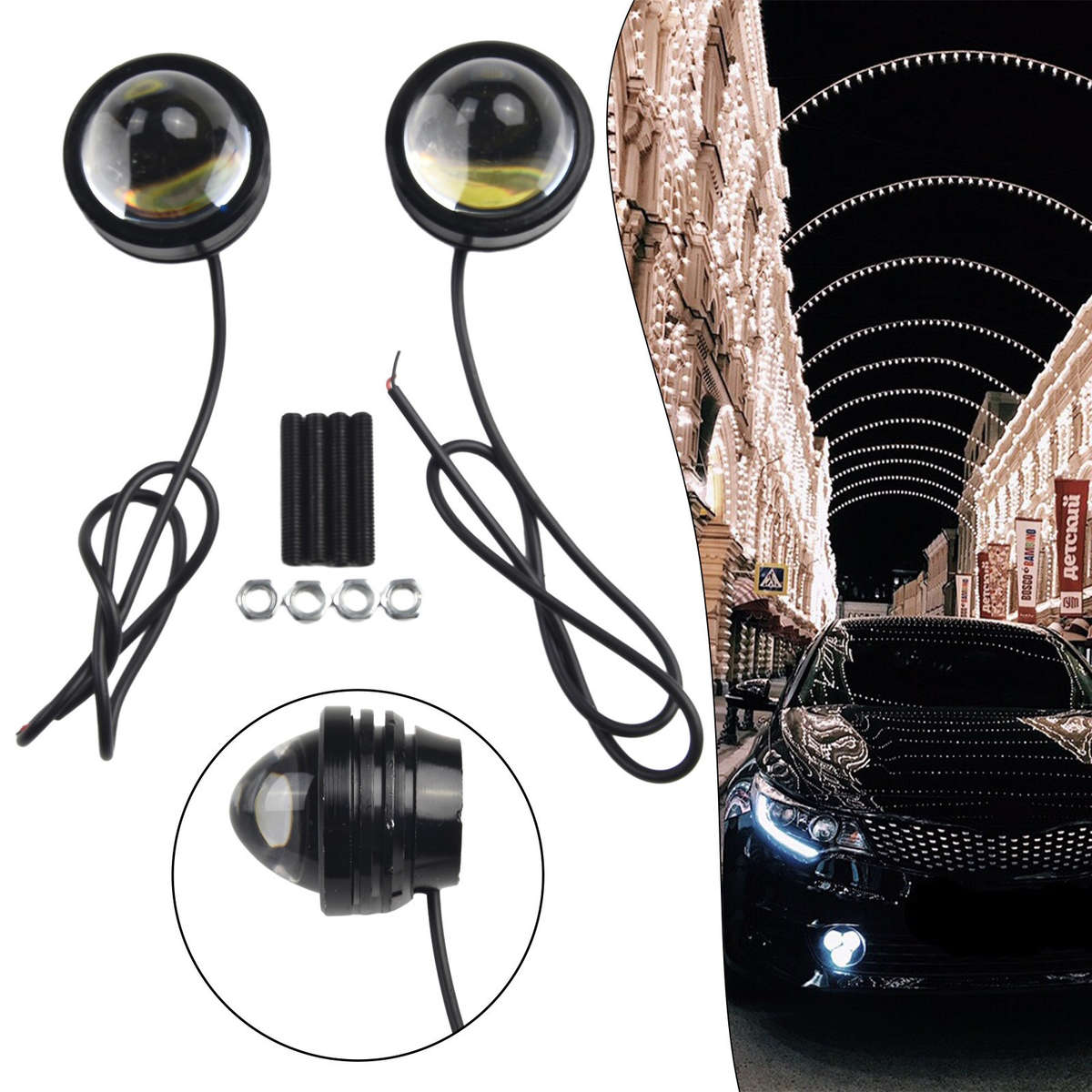 2x White 12V-24V High Power Bull Eye LED Projector Car Daytime Fog Light Alloy