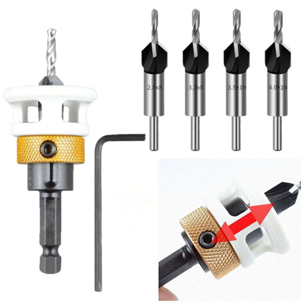 Complete Countersink Bit Set With Interchangeable Sizes And Depth Stop