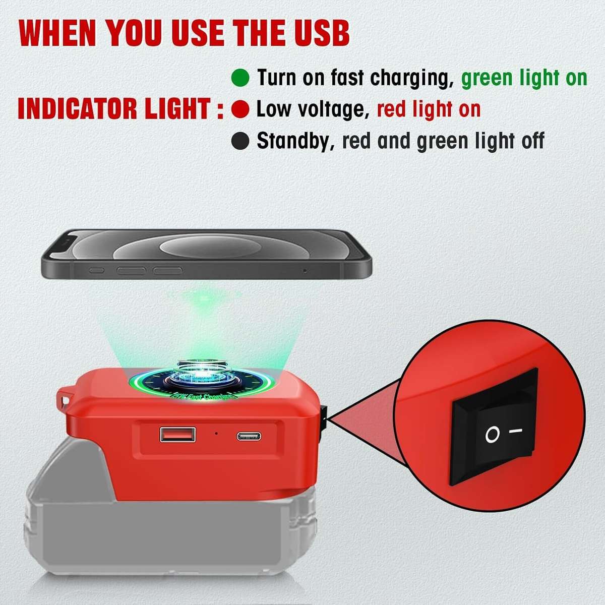 Wireless Charger Adapter for Milwaukee 18V Battery 15W for Phone with Type C USB