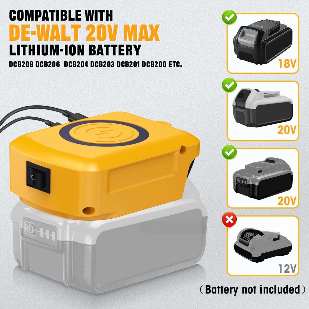 Wireless Charger Adapter for Dewalt 20v Battery 15W for Phone with Type C USB