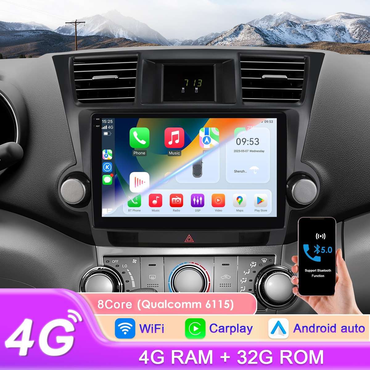 10"Android 14 For Toyota Highlander 2007-2013 Car Stereo Radio 8Core GPS CarPlay