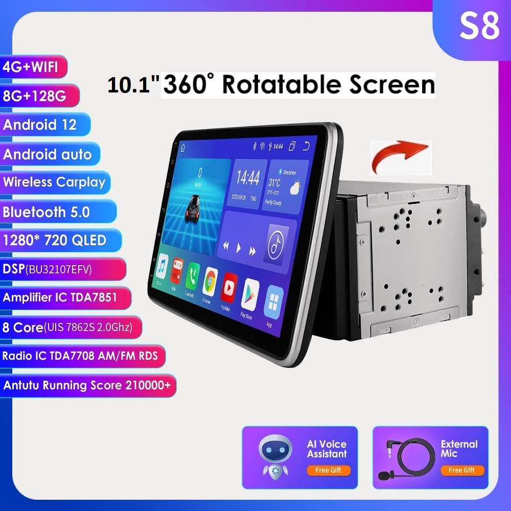 2DIN 10.1" Rotatable 8+128GB Android 12 CarPlay Car Stereo GPS Radio RDS WiFi BT
