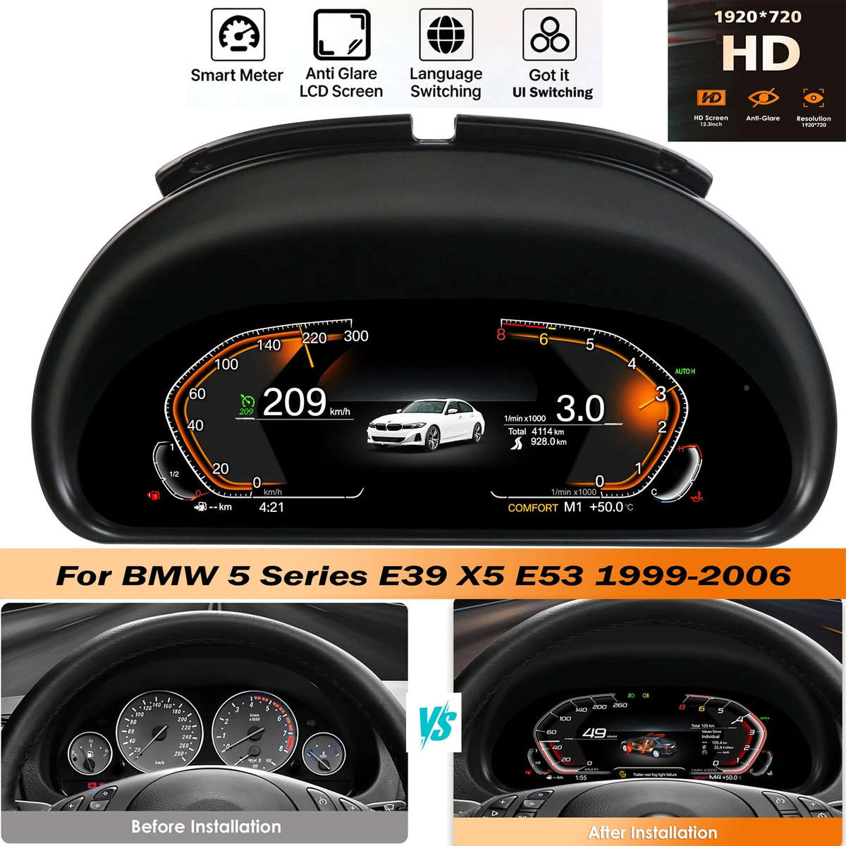 10.25" Digital Dashboard Cluster Instrument Fr BMW 5 Series E39 X5 E53 1996-2006