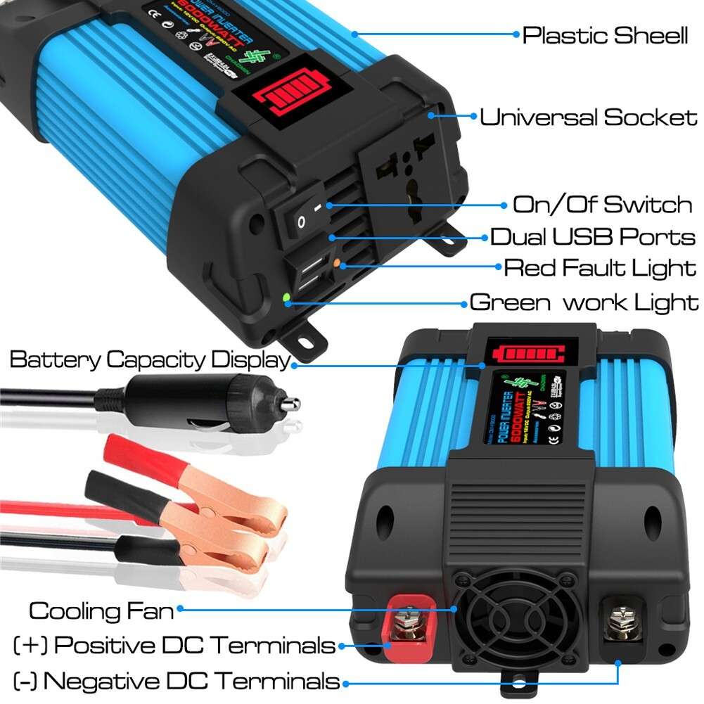 4000W Car Power Inverter DC12V To AC220V Pure Sine/Wave 2USB LCD Display
