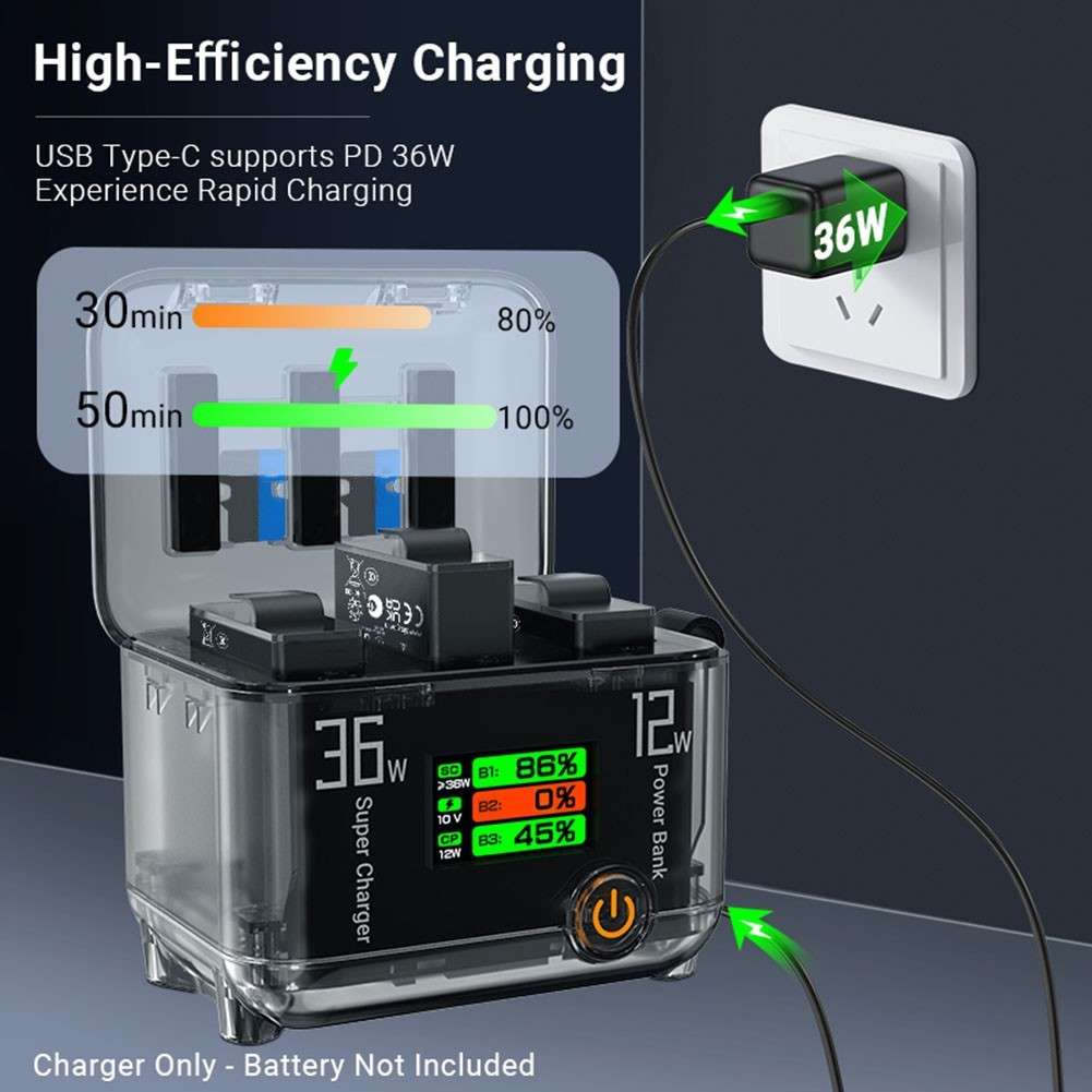 For DJI Action 5Pro Fast Charging Manager Two-Way Charger TFT LCD Color Display