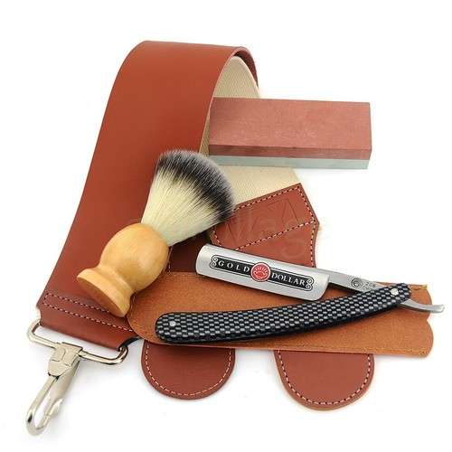 Shaving Straight Razor Gold Dollar 208 + Stone + Nylon Brush + Strop