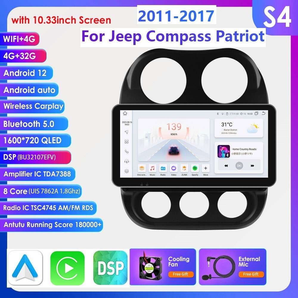 10.33"Android 13 Car GPS Radio Stereo CarPlay For Jeep Compass Patriot 2011-2017