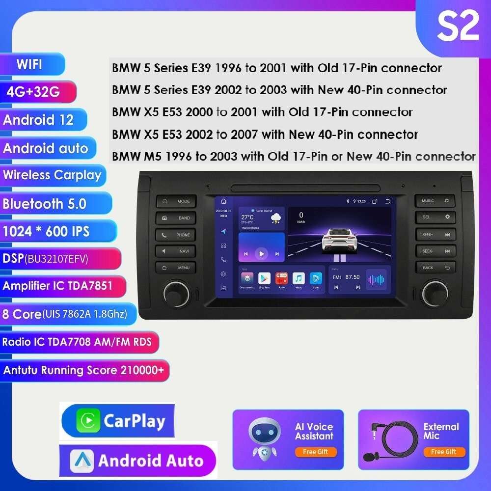 For BMW 5 Series E39 528i 530i CarPlay Android 12 7" Car GPS Stereo CarPlay DSP