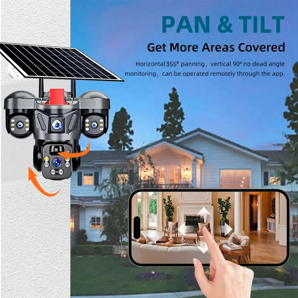 V380 Pro Outdoor PTZ  SIM Card 4G Solar Camera Home Security Triple Lens Camera, tow-way audio