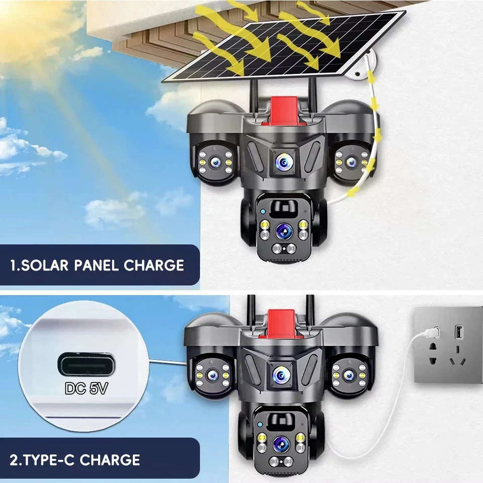 V380 Pro Outdoor PTZ  SIM Card 4G Solar Camera Home Security Triple Lens Camera, tow-way audio