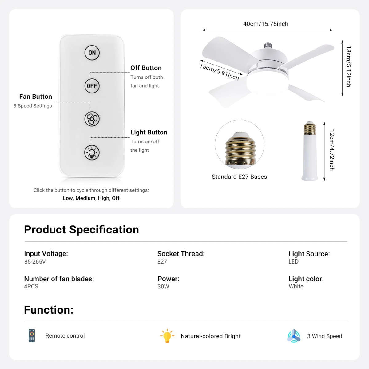 Socket Fan LED Light