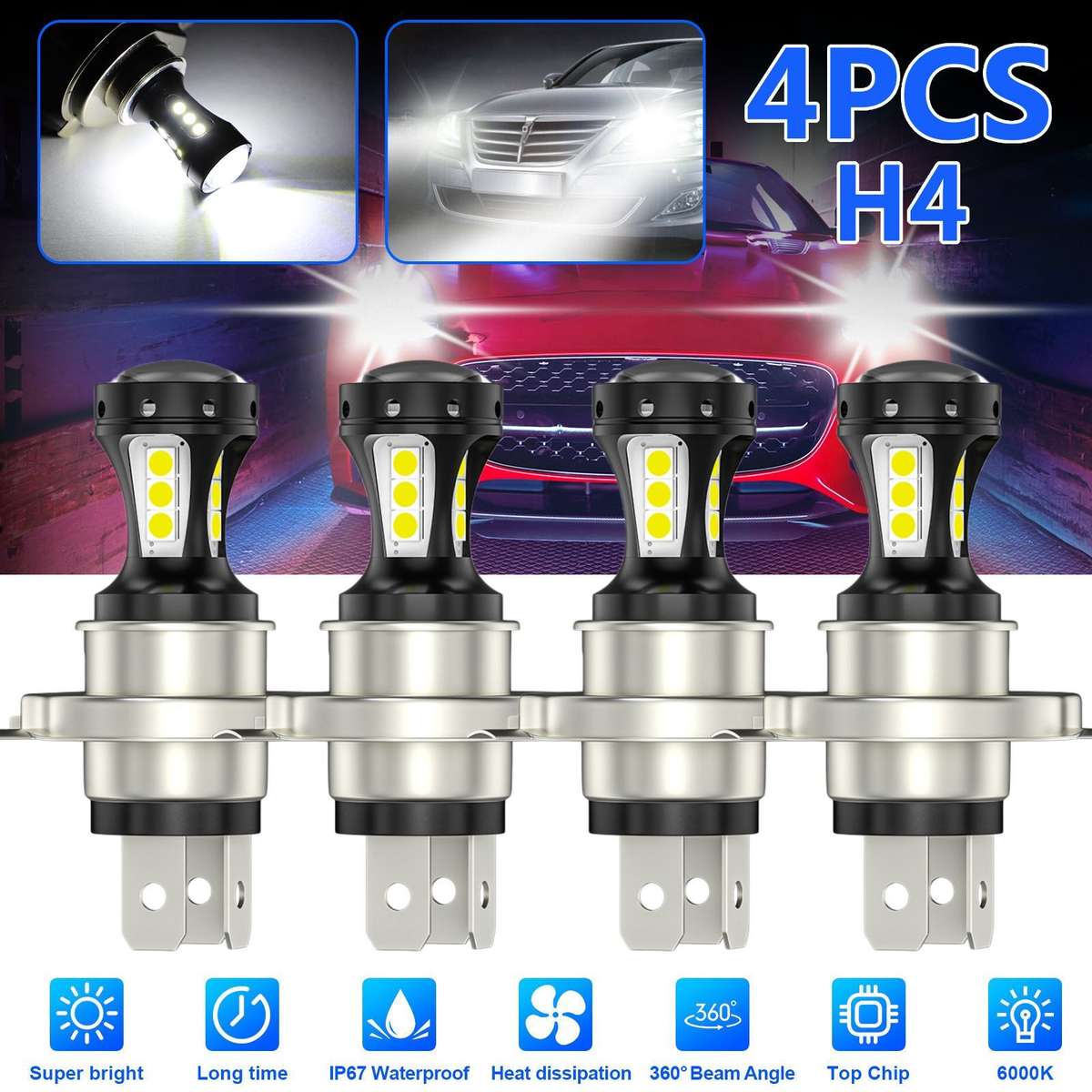 4x 4-Sides H4 9003 LED Headlight Bulbs High Low Beam Conversion Kit 6000K White