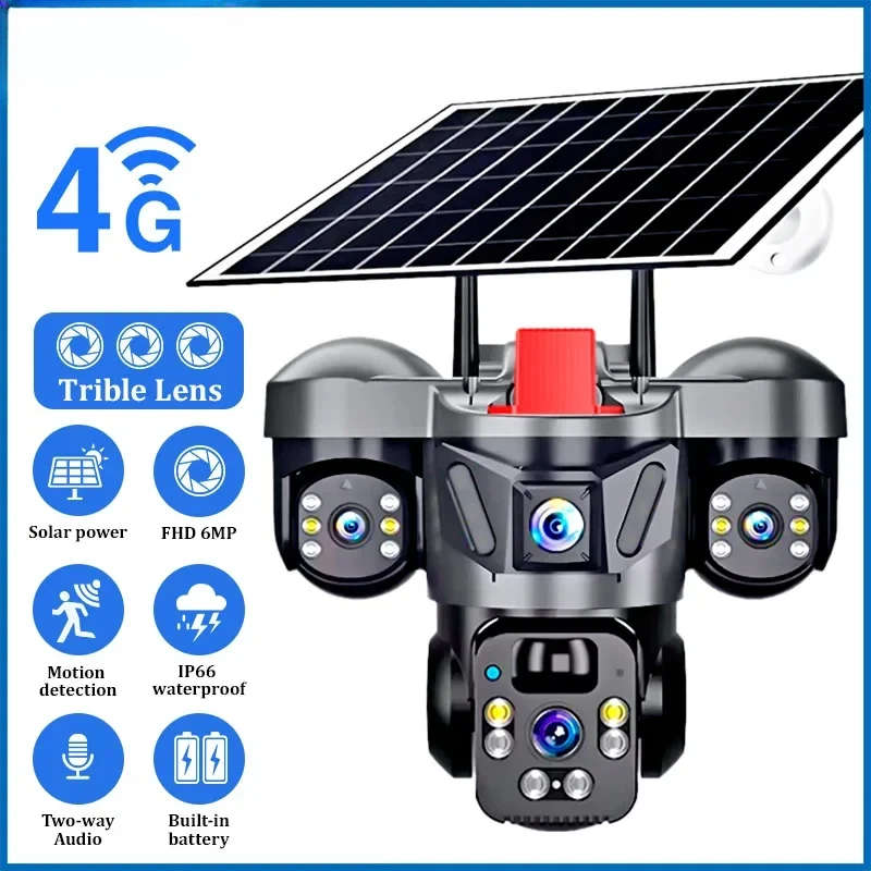V380 Pro Outdoor PTZ  SIM Card 4G Solar Camera Home Security Triple Lens Camera, tow-way audio