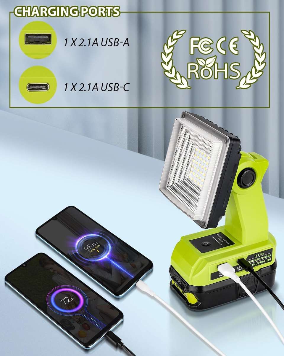 Cordless LED Work Light for Ryobi 18V Battery 15W LED Floodlight Emergency Lamp