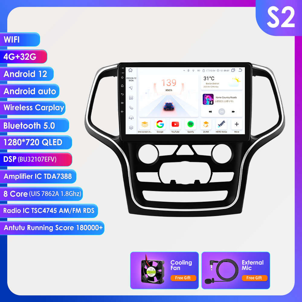 For Jeep Grand Cherokee 2014-2022 Android 12 Carplay Car Stereo GPS Sat BT 4+32G