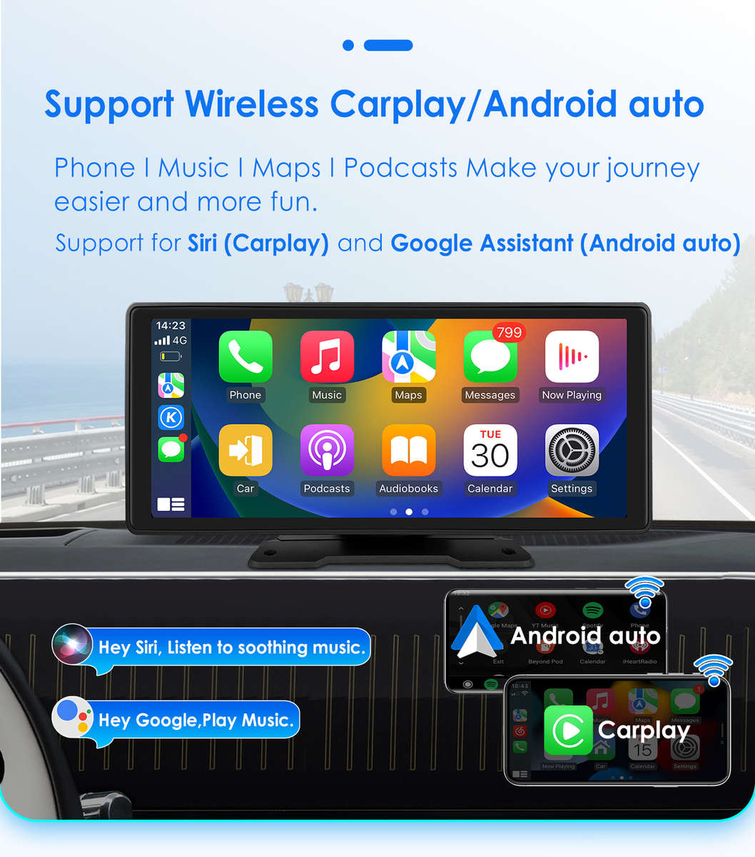 Wireless Apple Carplay Android Auto Portable 10.26" Car Stereo GPS Navi Radio FM