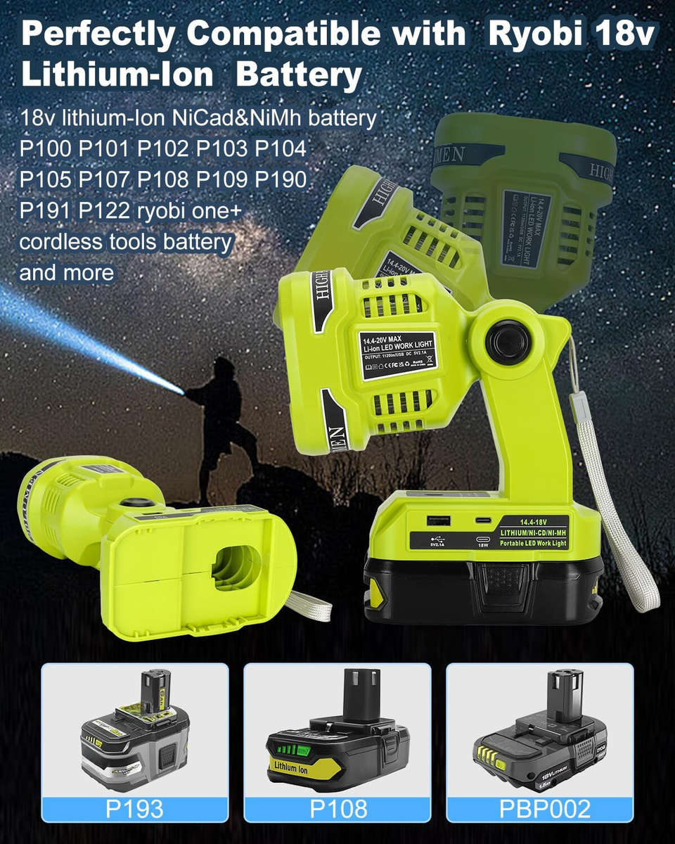 1120LM LED Spotlight Cordless Flashlight LED Work Light Indoor Outdoor for Ryobi
