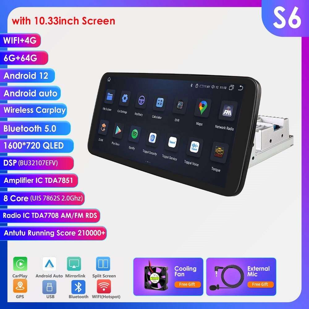 Single DIN Rotatable 10.3" Android 12 QLED Screen Car Stereo Radio 6+64GB GPS BT